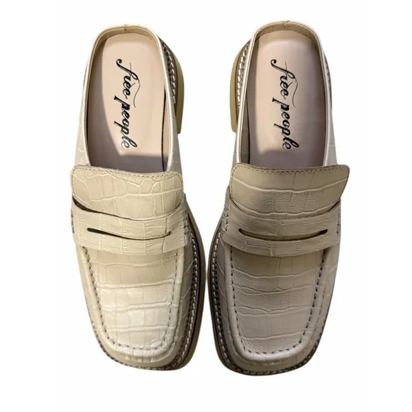 Free‎ People Lilith Loafer Mules Cream Crocodile Print Women's Size 38 - Image 5