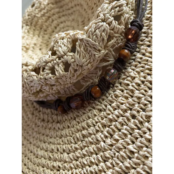 Sun n Sand Crochet Crown Wide Brim Straw Hat with Beads - Image 7
