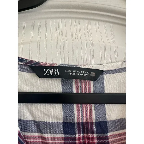Zara White Red Blue Plaid V/Neck Fit& Flare Pleat Tunic Midi Dress Sz L - Image 12