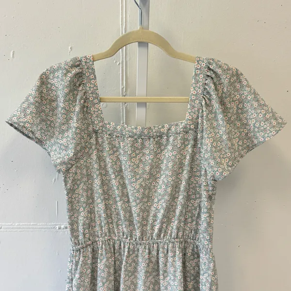 Monteau Los Angeles Floral Square Neck Puff Sleeve Tiered Mini Dress Blue Small - Image 6
