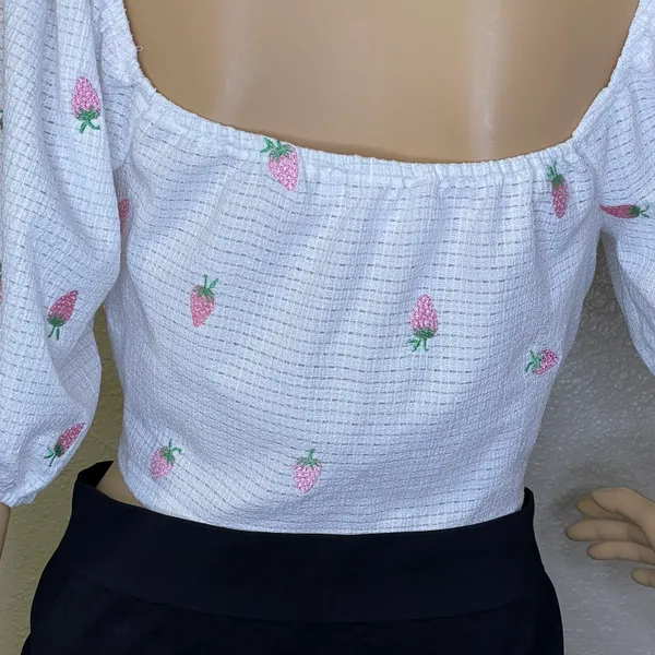 Strawberry Printed 5/8 Sleeve Waist Tie Crop Top White Pink Large - Image 8
