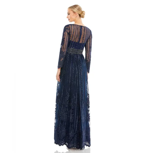 Mac Duggal Long Sleeve Floral Illusion‎ Midnight Navy A Line Gown Size 8 NWT - Image 3