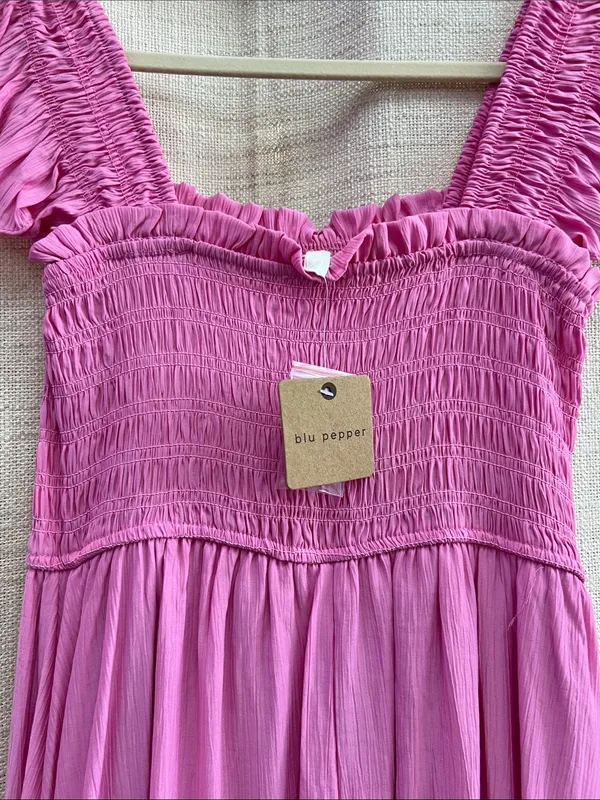 Mock Button Down Smocked Ruffle Detail Midi Dress Pink - Image 13