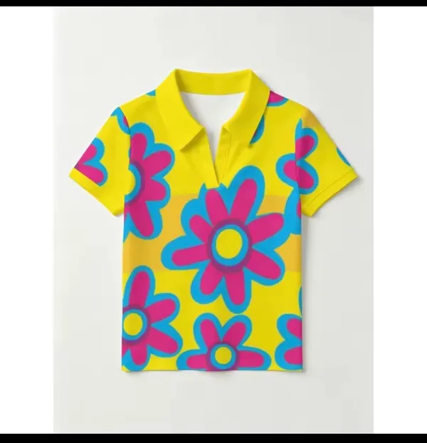 Women’s Yellow Floral Print Short Sleeve Collared Top - Image 3