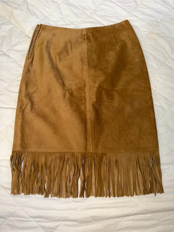 INC International Concepts Tan Suede Fringe Pencil Skirt - Image 4