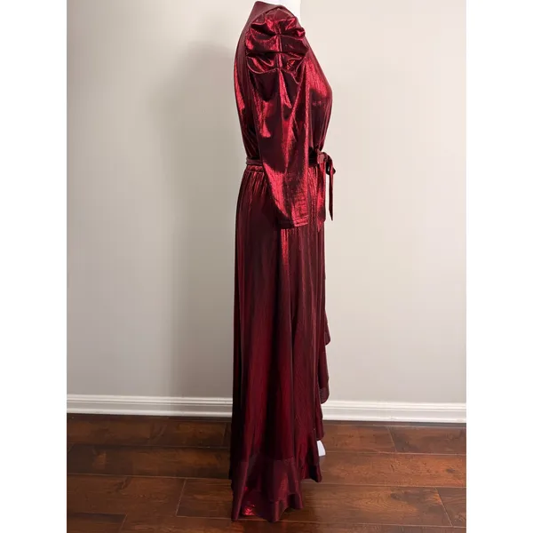 Retrofête Flora Metallic Red Lame Wrap Maxi Puff Sleeve Asymmetrical Gown Small - Image 6