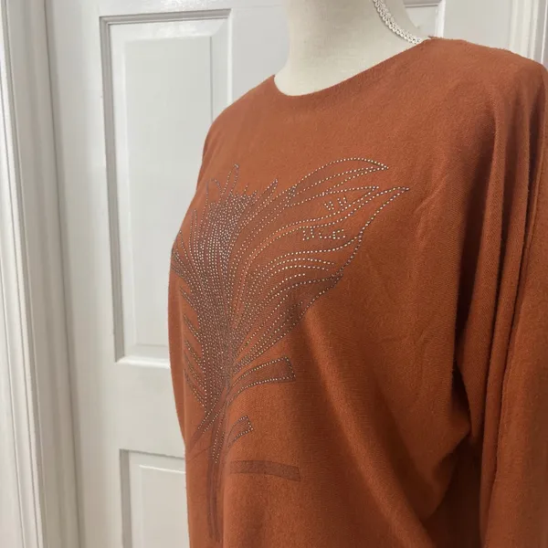 Sioni Embellished Rust Sweater XL Orange Studded Leaf Boho Autumn Western Boxy - Image 2