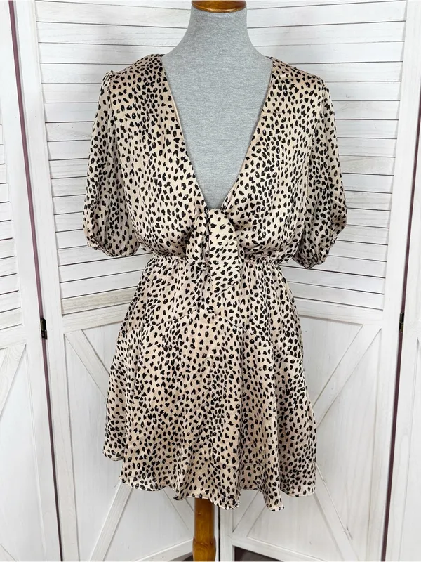 Petal & Pup‎ Eisley Leopard Print Satin Tie Front Mini Dress Tan Black 6 - Image 2