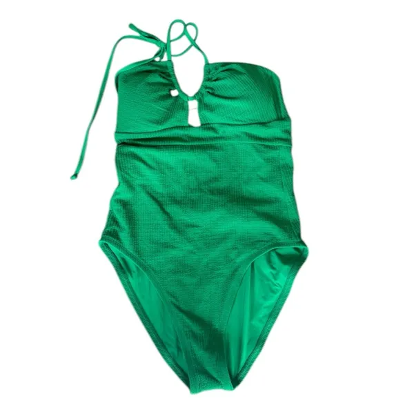 BECCA Pucker Up Candice Large Green Textured Halter‎ Cut Out One Piece Swimsuit - Image 2