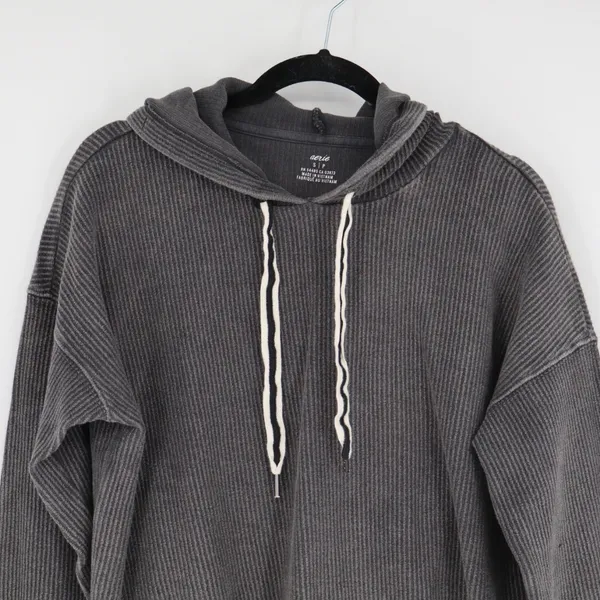 Aerie Women's Ribbed Cropped Hoodie Charcoal Gray Size Small Oversized Casual - Image 2