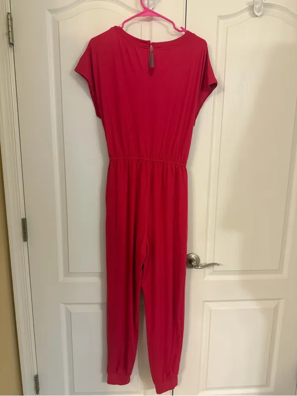 Women’s Short Sleeve Drawstring Jumpsuit in Bright Pink - Image 3