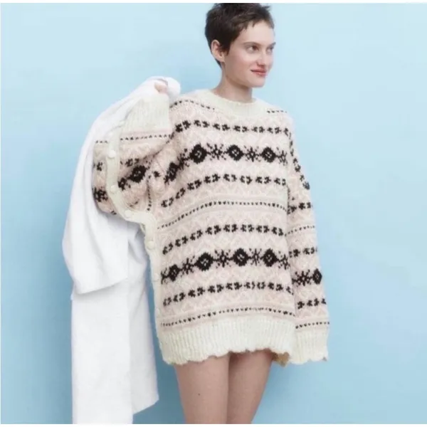 Zara Oversized Fair Isle Knit Sweater Pink Cream Side Button M-L NWT - Image 2