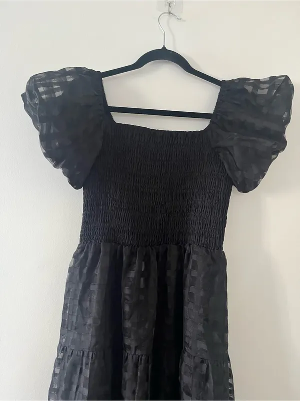 Prettygarden Black Smocked Puff Sleeve Midi Dress Medium Romantic Evening - Image 7