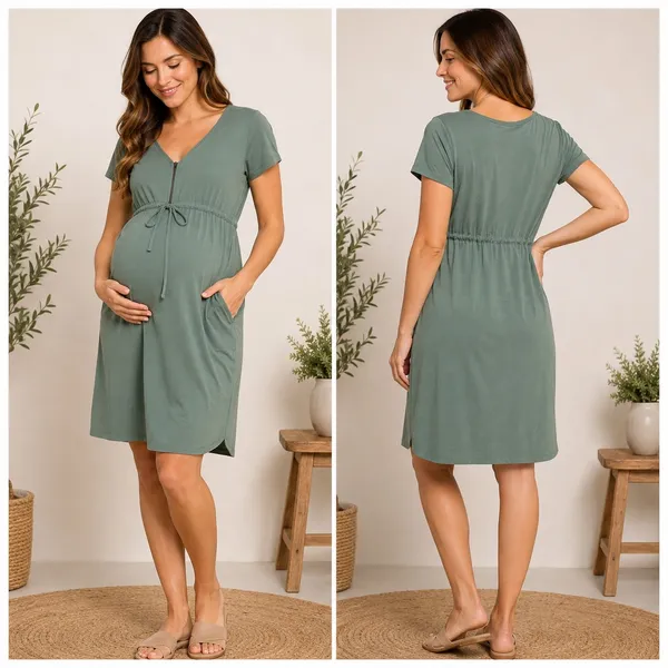 Angel Maternity Nursing Dress Women M Green Casual Zip Front Drawstring Pockets - Image 2