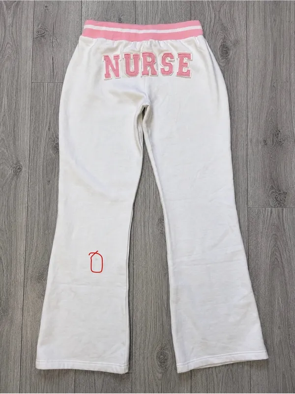 Nurse White Pink Flare Sweatpants Lounge Joggers Embroidered Medium - Image 7