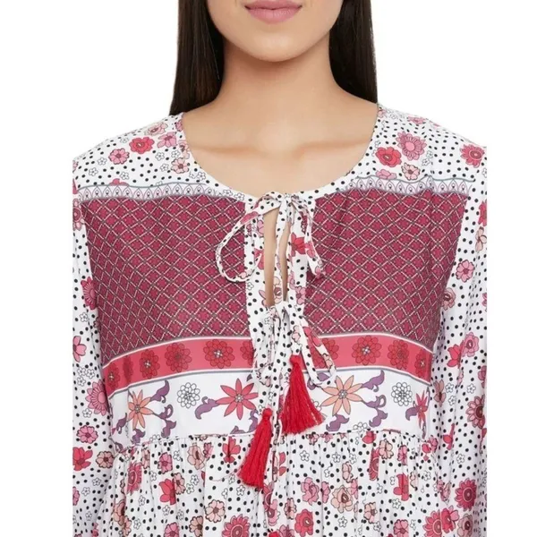 Gypsy Blu Boho Mixed Print Tassels Puff Sleeve Floral Midi Dress Size 3X NEW - Image 4