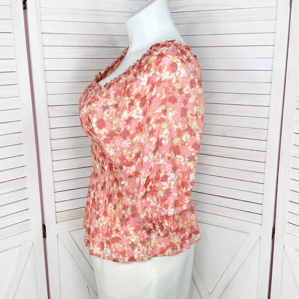 Nanette Lepore Cottagecore Floral Smocked Peplum‎ Puff Sleeve Blouse Pink Large - Image 2