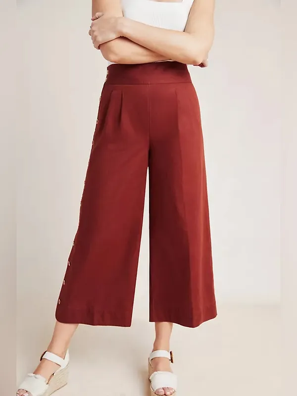 Anthropologie Wide Leg High Waist Linen Pant Button Leg Detail Size 4 - Image 3