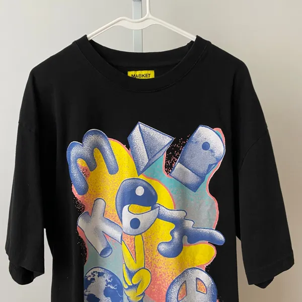 Market XL Black Short Sleeve T-Shirt Yin Yang Peace Earth Graphic Streetwear Tee - Image 2