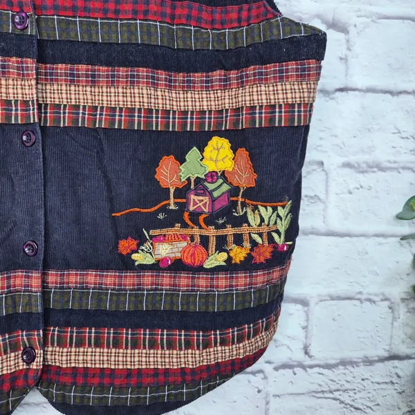 Vintage Bobbie Brooks Fall Corduroy Vest Embroidered Scarecrow Barn Patchwork L - Image 4