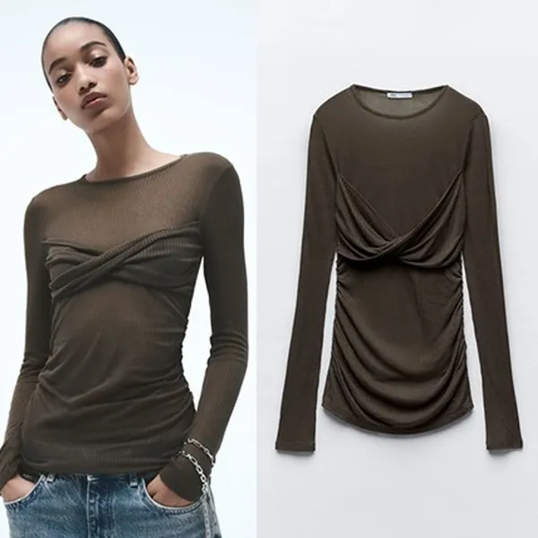 Zara NWT Brown semi sheer rib ruched top. Size Medium - Image 2