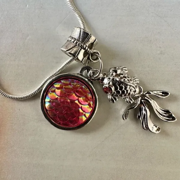 Silver tone fish pink disc charm necklace Silver - Image 3