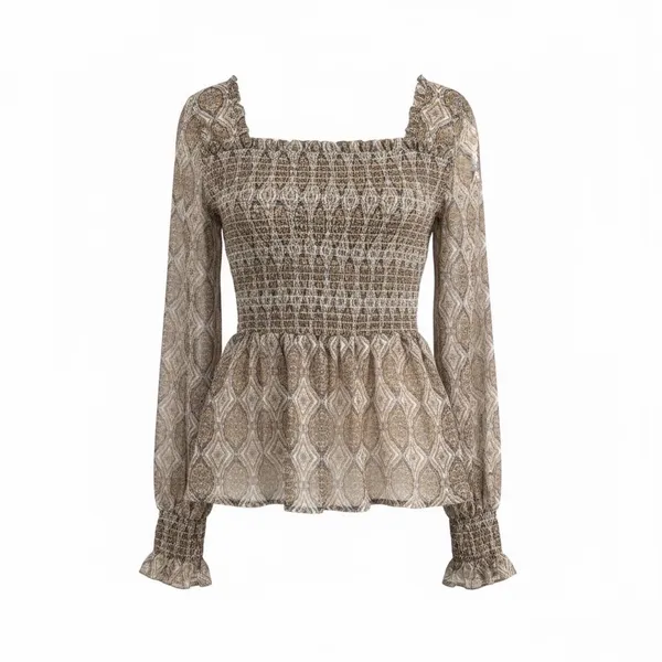 Women's Loom Smocked Peplum Blouse Boho Romantic Long‎ Sleeve Size S New - Image 2