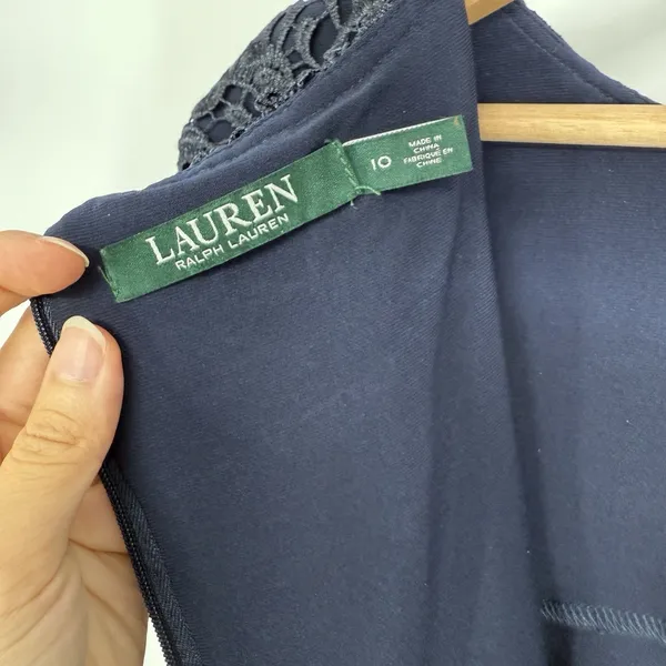 Lauren Ralph Lauren Lace Eyelet Sheath Dress Wedding MOB Women Size 10 Navy Blue - Image 3