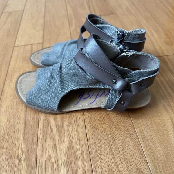 Blowfish‎ Malibu 8 Gray Sandals Canvas Ruched Strappy Zip Boho Flat - Image 3