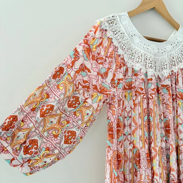 Anthropologie Lounge Dress Florence Floral Lace XS Boho Tiered Puff Sleeve - Image 8