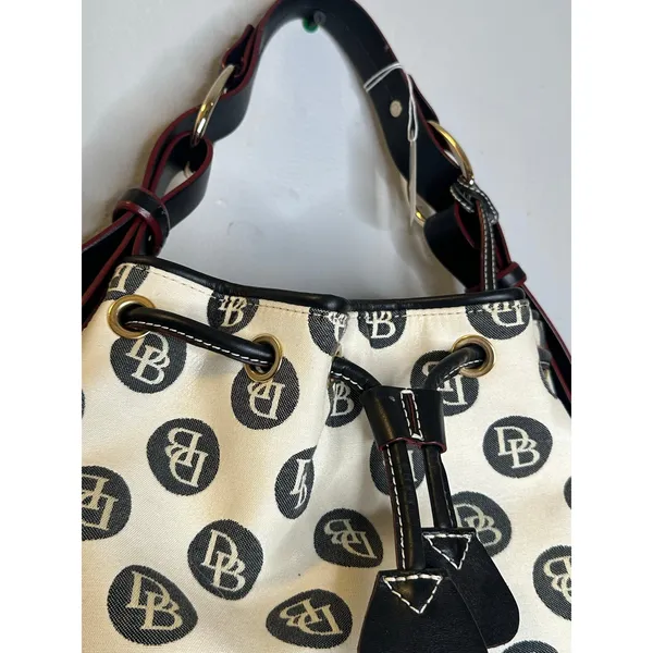 DOONEY & BOURKE Black White DB Monogram Black Leather Drawstring Bucket Bag - Image 8