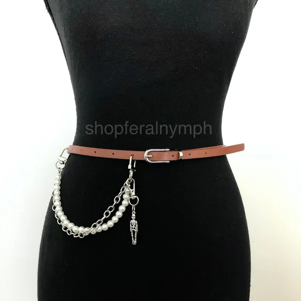 Vintage Y2K Whimsygoth Skeleton Pearl Chain Belt, Fits 33–36 Inches, X7GA1193 - Image 5