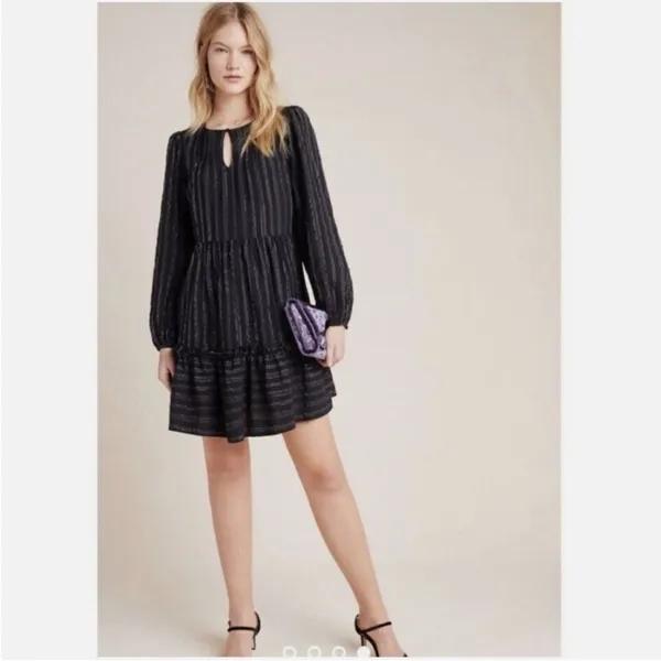 ANTHROPOLOGIE Black Metallic Long Sleeve Pippa Tiered Tunic Dress Medium - Image 9