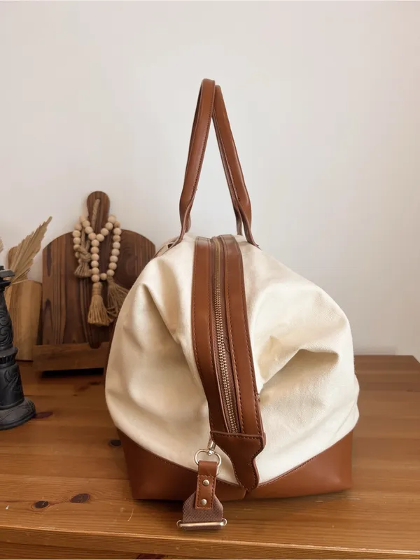 Canvas Weekender Bag with Brown Leather Trim - Image 6