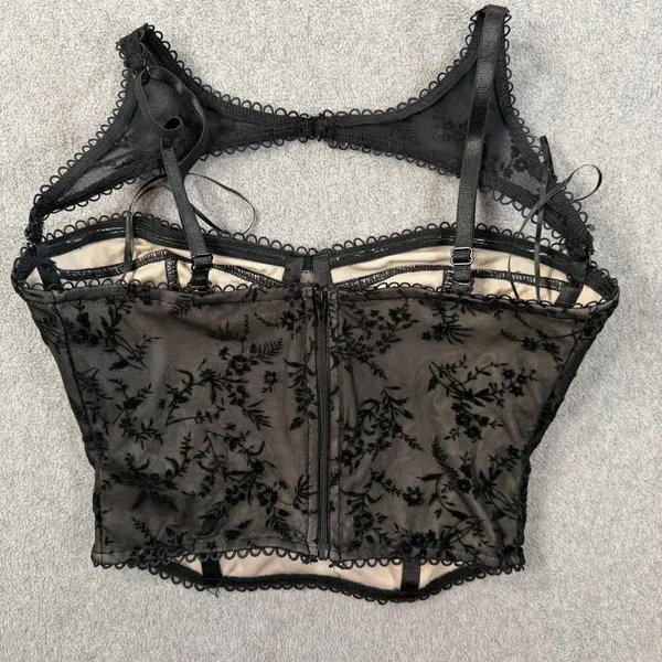 Windsor Black Velvet Floral Flocked Mesh Bustier Corset Top Size SM Adjustable - Image 9