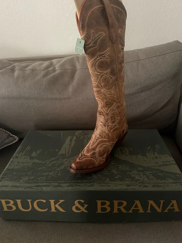 Buck & Brana Tall western cowboy boots Embroidered brown leather size 7.5 - Image 7