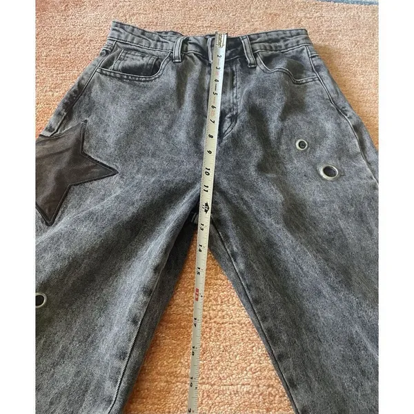 Daisy Street Star Patch Wide Leg Jeans Black Wash Grommet Detail Size US 3 - Image 6