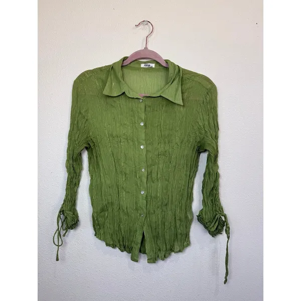 Jaipur Y2K Crinkle Green Tie Sleeve Button-Up Blouse Whimsical Fairycore M - Image 2