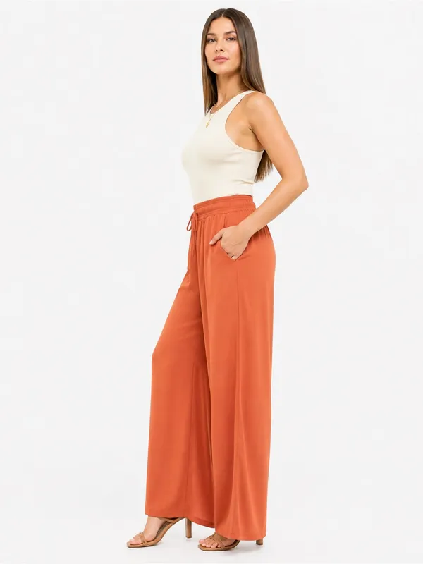 NEW Melloday Rust Orange Wide Leg Drawstring Pants L Bohemian Resort Pull On - Image 3