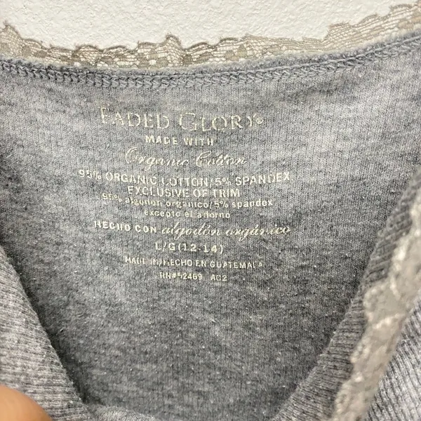 Faded Glory Cami Top Lace Trim Organic Cotton Blend Gray Tank Top Large Milkmaid - Image 5