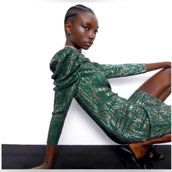 ZARA Sequin Puff Long Sleeve Special Limited Edition Emerald Green &‎ Gold Dress - Image 4