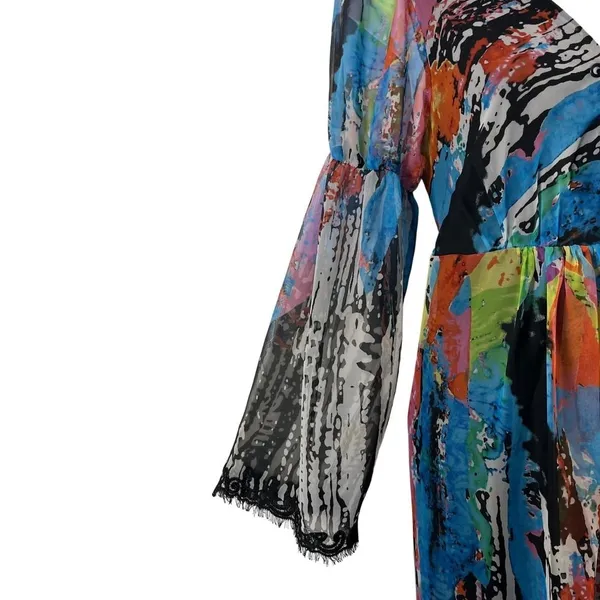 Vintage Oleg Cassini 80s 90s Abstract Boho Sheer Bell Sleeve Midi Dress Sz 6 - Image 7