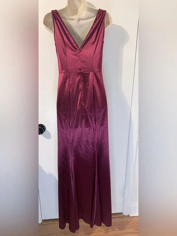 MUXXN S Burgundy Satin Cowl Neck Formal Gown V Back Maxi Dress - Image 9