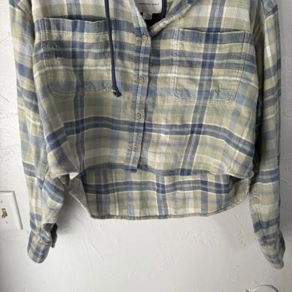American Eagle Outfitters Plaid Cropped Shirt Jacket Hoodie Blue‎ Green Womens L - Image 3
