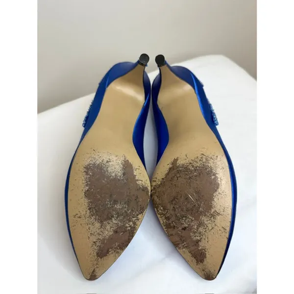 Vintage Nouveau 90s Royal Blue Satin Beaded Pumps Sz 7 - Image 8