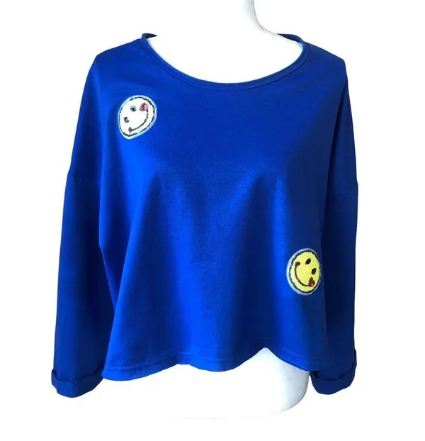 SugarHigh Clothing Blue crop sweatshirt with yellow smiley faces - Image 2