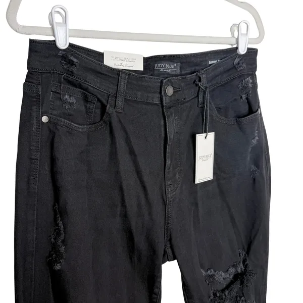 Judy Blue Distressed Boyfriend Jeans Size 13/31 Black Denim Relaxed Fit Stretchy - Image 2