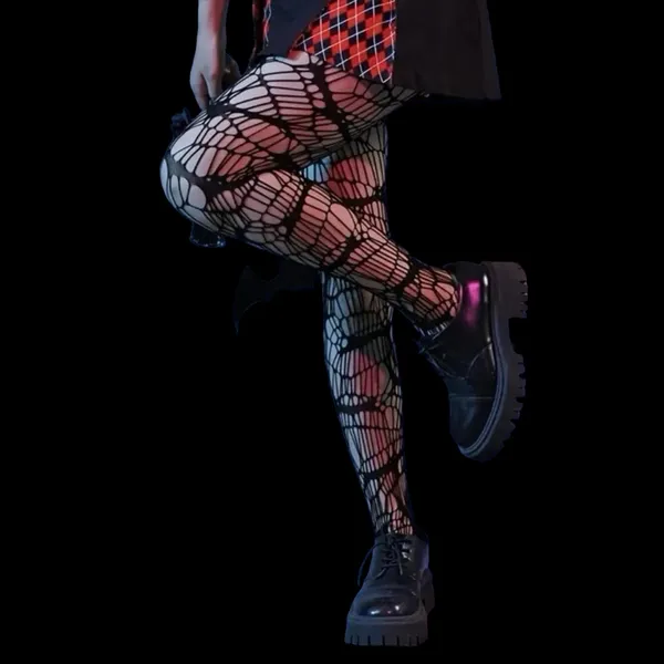 Black Bat Patterned Fishnet Tights, High Waist Footed Pantyhose‎ One Size - Image 2
