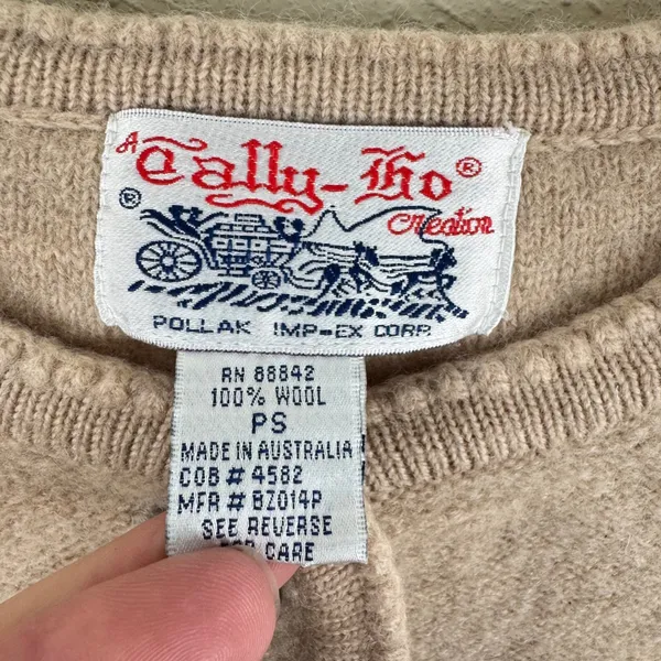 Tally-Ho Creation Vintage 100% Wool Cardigan Tan Oatmeal Australia Petite Small - Image 4