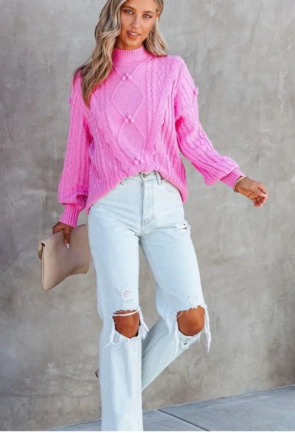 VICI NEW -CHANTEL CABLE KNIT PULLOVER SWEATER - PINK - Image 3